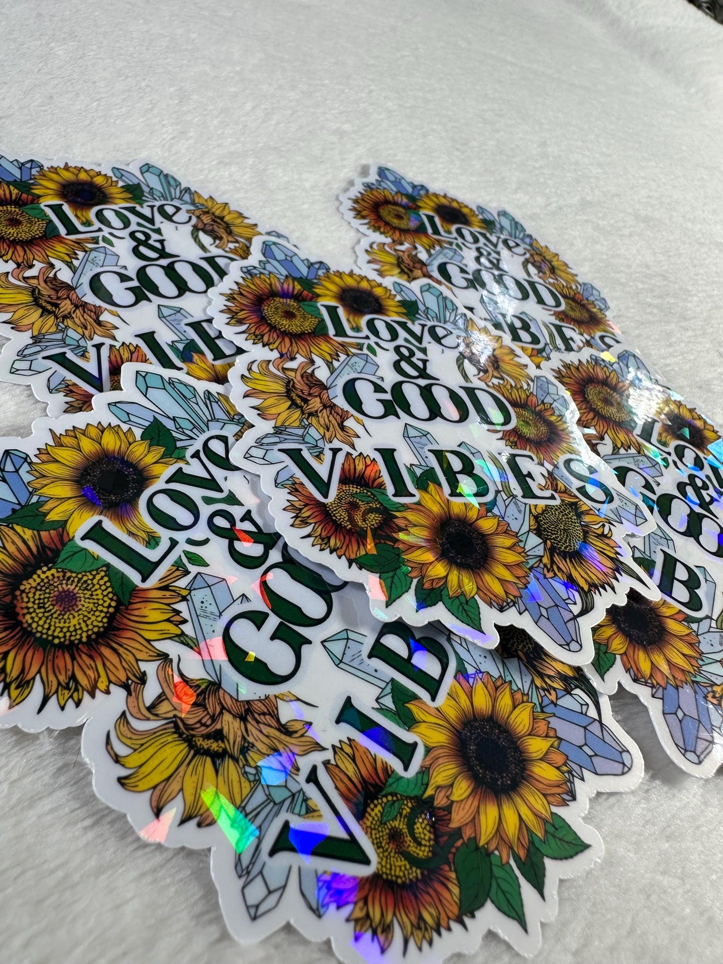 Love and Good Vibes Holographic Sticker, Sunflower Crystal Vinyl Sticker, Positive Quote Waterproof Decal for Laptop, Water Bottle, Journal