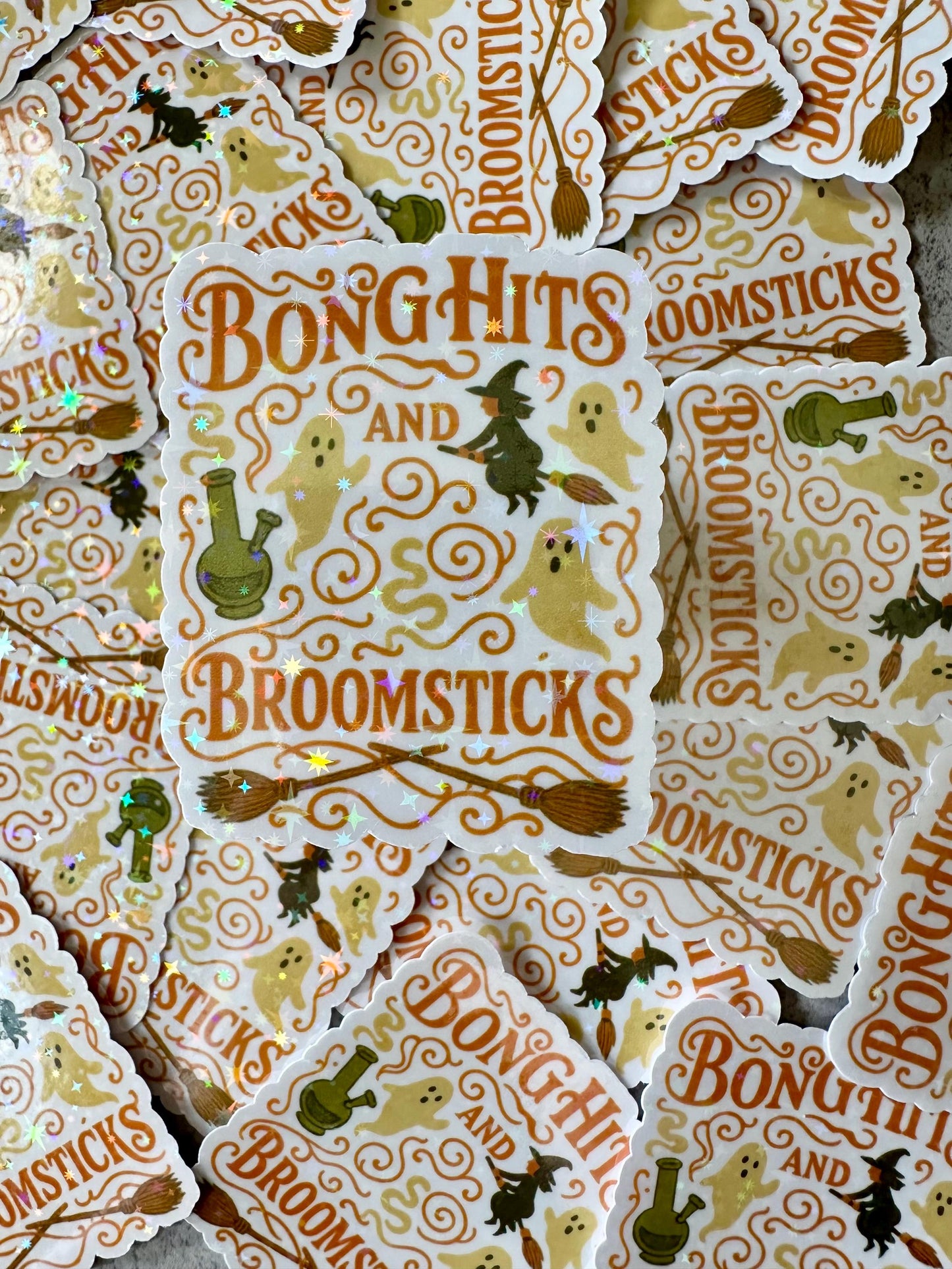 Bong hits and Broomsticks sticke • Holographic Halloween Witch Ghost, Weed Sticker • Funny Witchy Stoner , Gothic Spooky Season Vinyl Decal