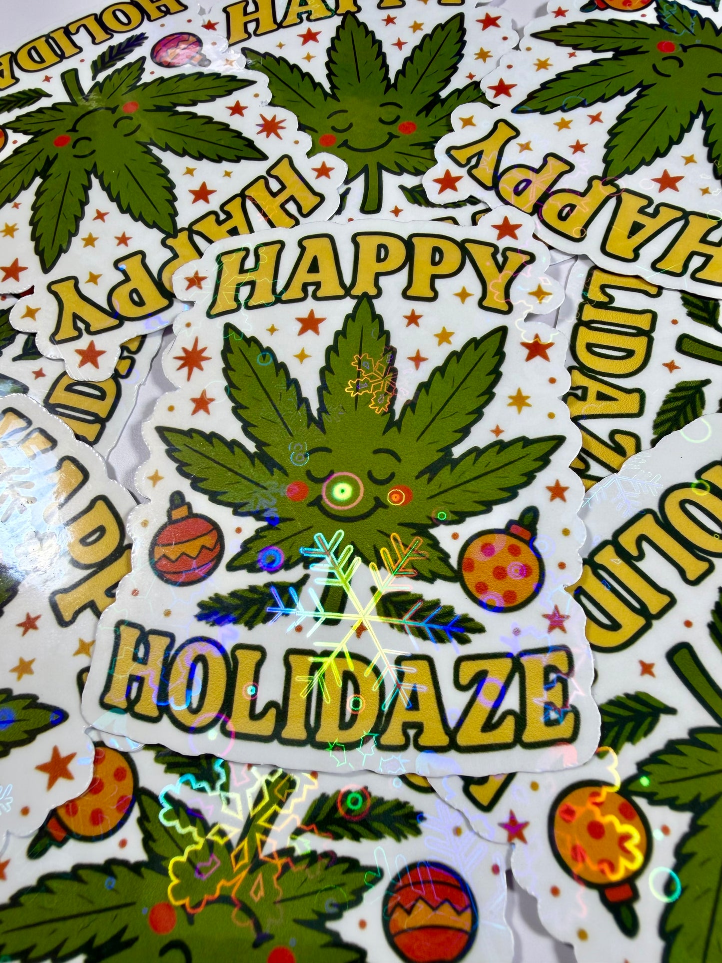 Happy Holidaze Sticker, Funny Stoner Holographic Sticker, Waterproof Decal