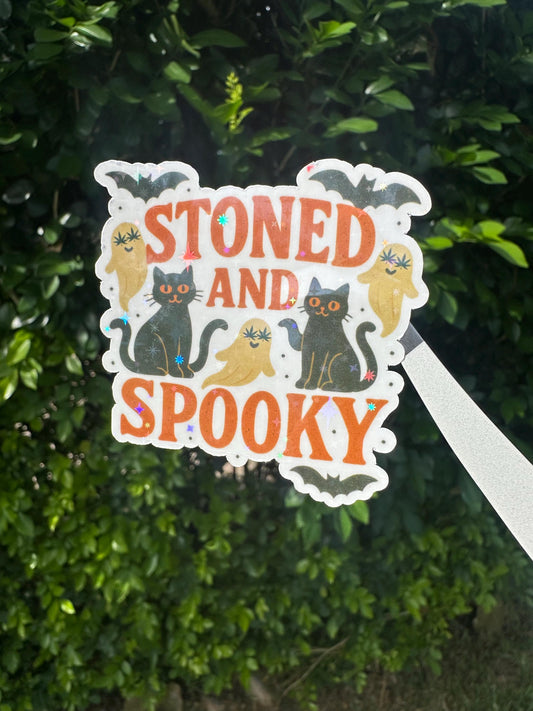 Stoned and Spooky Sticker • Holographic Halloween Cat Ghost Bat Weed Sticker • Funny Witchy Stoner Sticker, Gothic Spooky Season Vinyl Decal