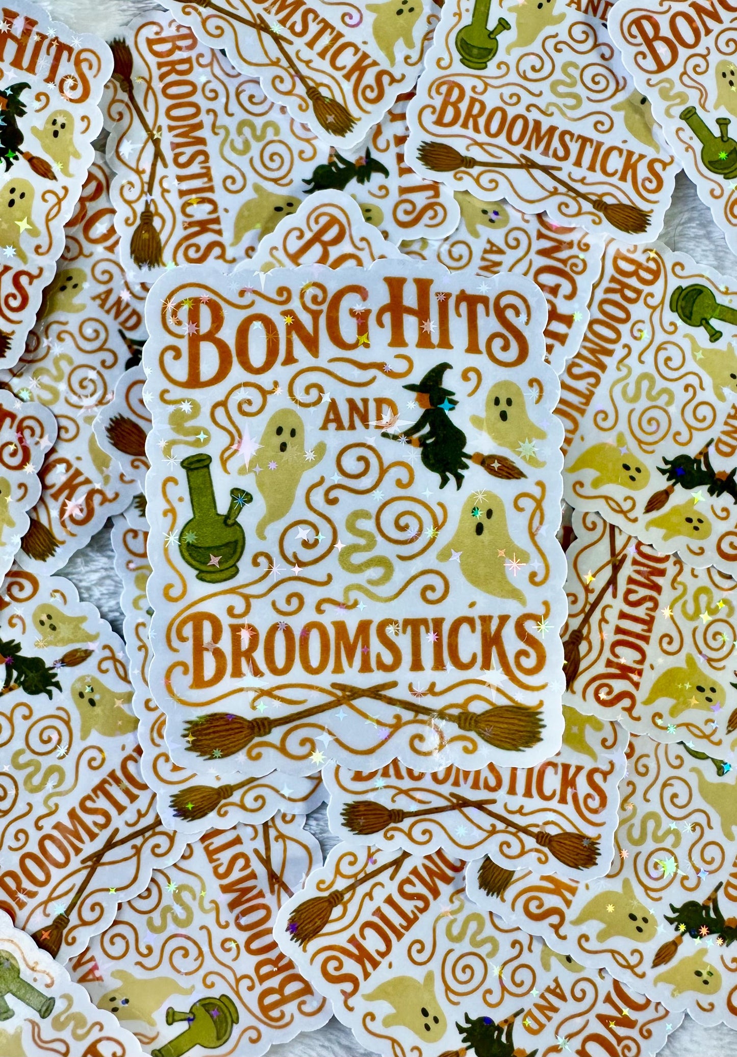 Bong hits and Broomsticks sticke • Holographic Halloween Witch Ghost, Weed Sticker • Funny Witchy Stoner , Gothic Spooky Season Vinyl Decal