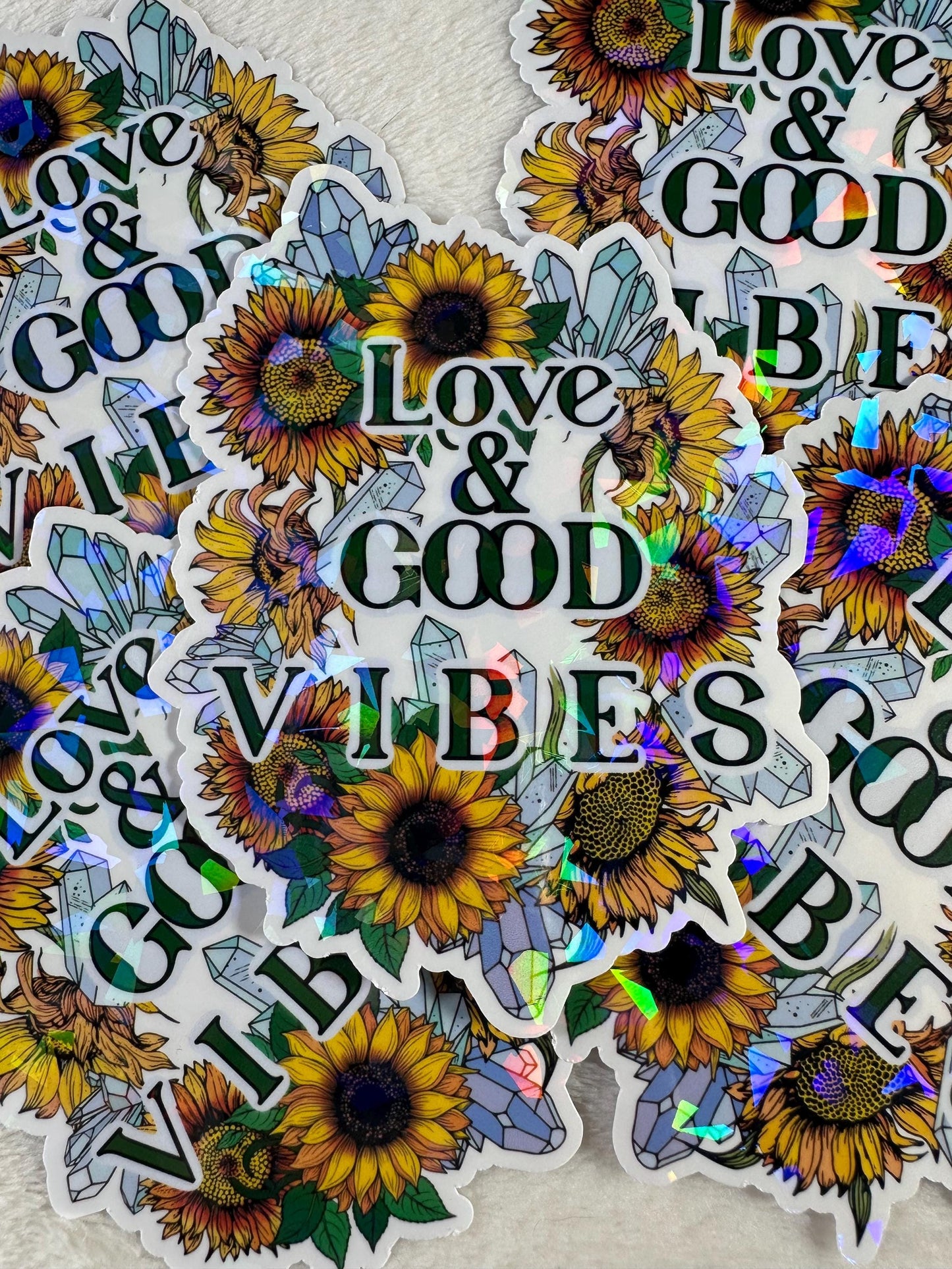 Love and Good Vibes Holographic Sticker, Sunflower Crystal Vinyl Sticker, Positive Quote Waterproof Decal for Laptop, Water Bottle, Journal