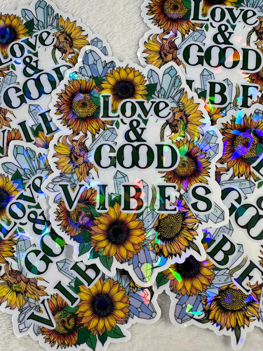 Love and Good Vibes Holographic Sticker, Sunflower Crystal Vinyl Sticker, Positive Quote Waterproof Decal for Laptop, Water Bottle, Journal
