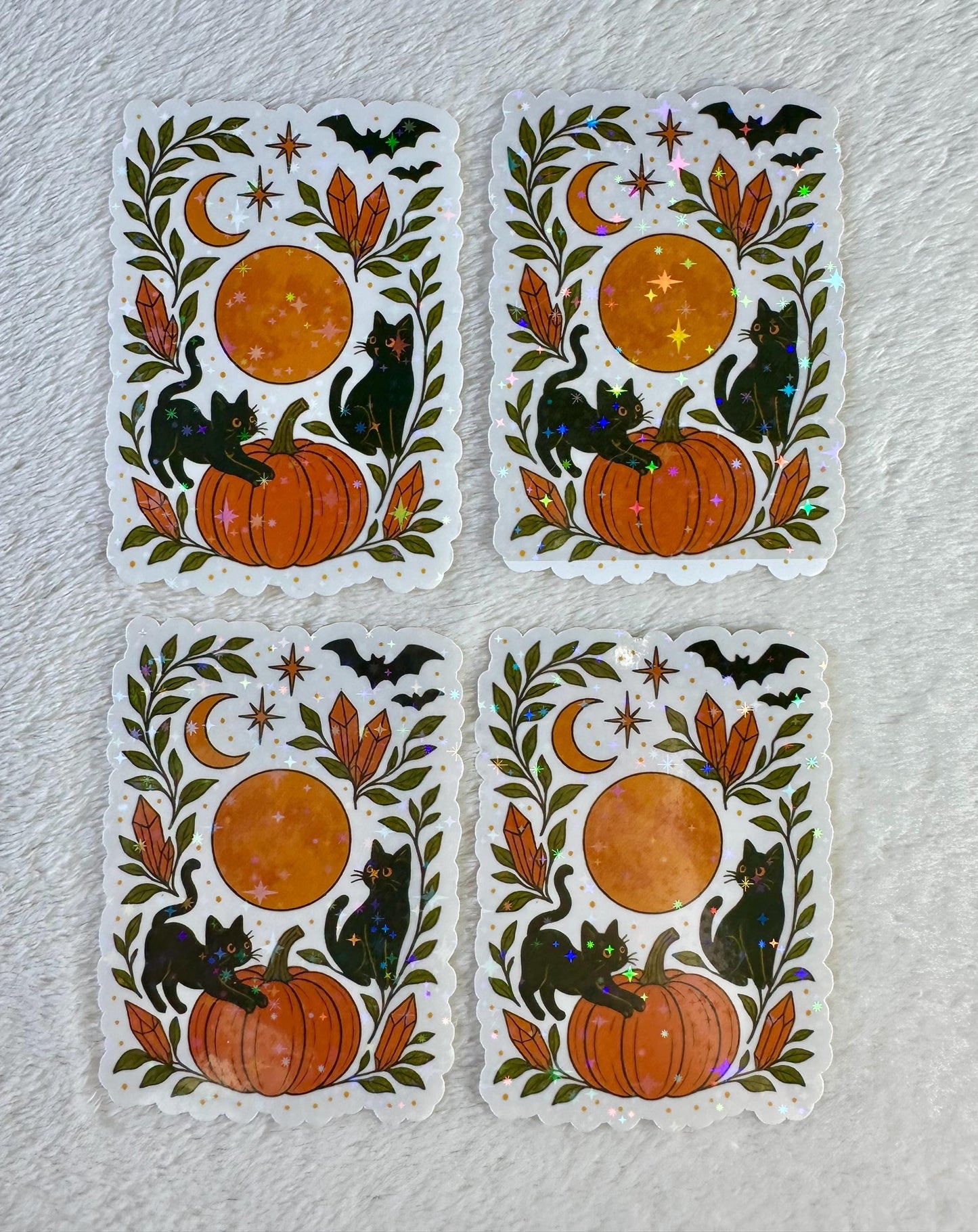 Black Cat Pumpkin Sticker – Halloween Autumn Moon Holographic Vinyl Decal, Witchy Fall Spooky Season Sticker - Magical Halloween Cat