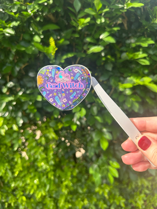 Good Witch Cottage Core Sticker - Holographic Heart Shaped Cute Witchy Decal -