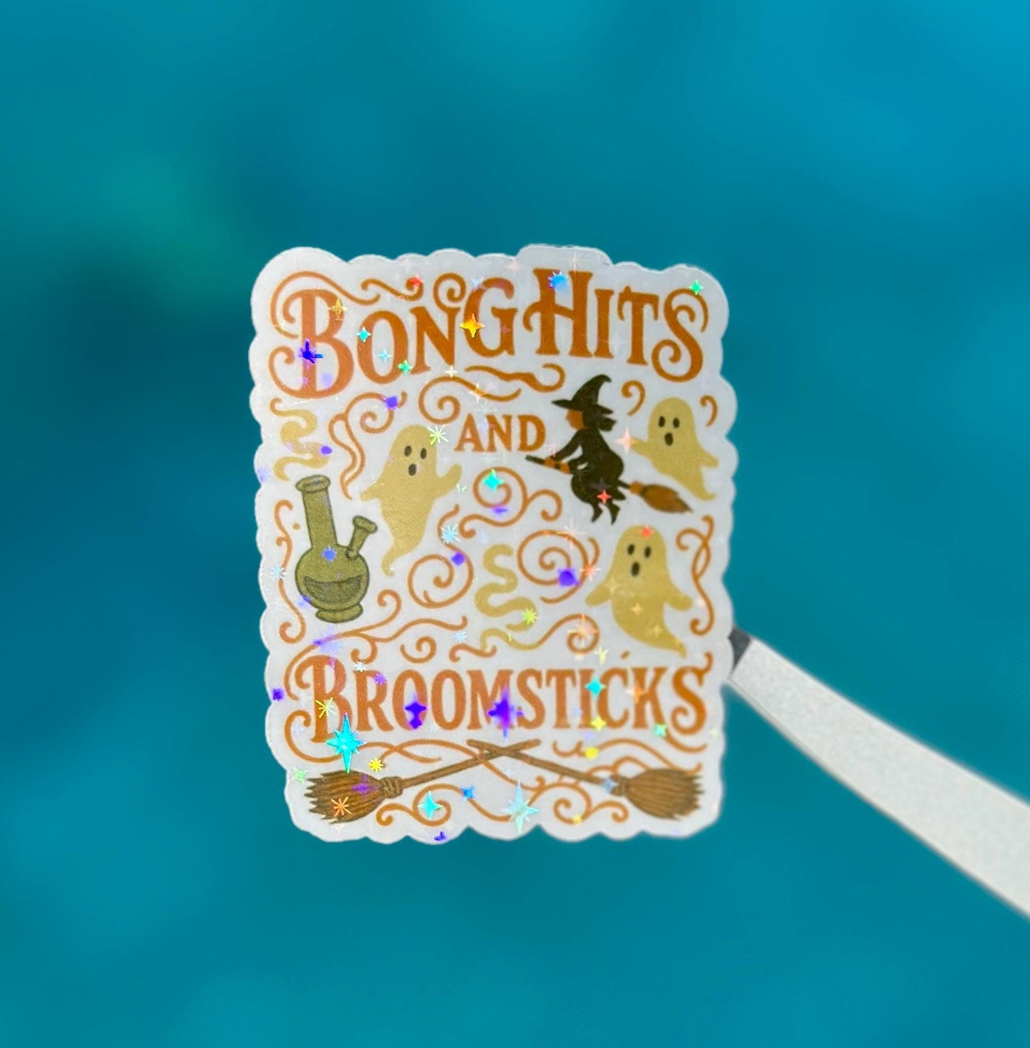 Bong hits and Broomsticks sticke • Holographic Halloween Witch Ghost, Weed Sticker • Funny Witchy Stoner , Gothic Spooky Season Vinyl Decal