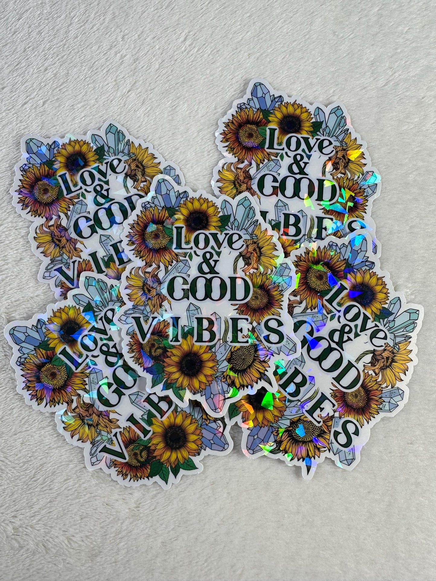 Love and Good Vibes Holographic Sticker, Sunflower Crystal Vinyl Sticker, Positive Quote Waterproof Decal for Laptop, Water Bottle, Journal