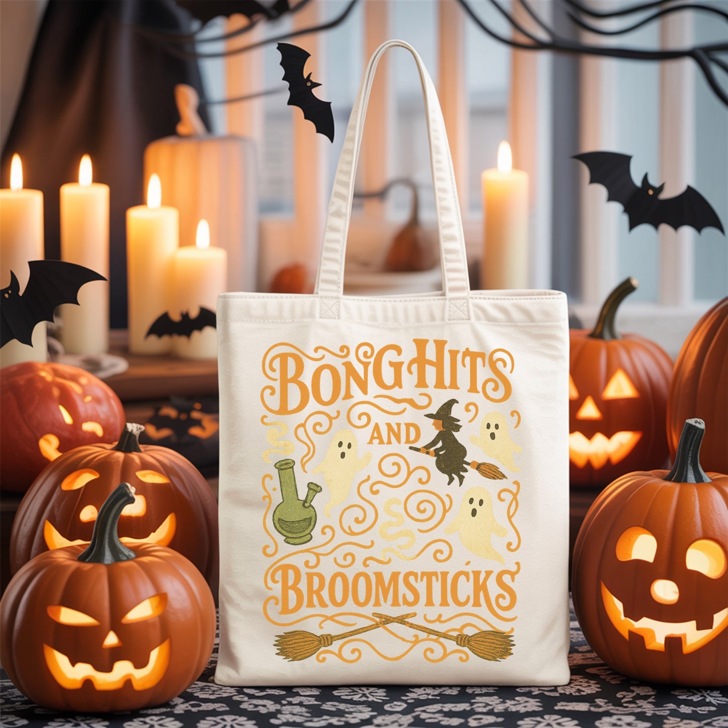 Stoner Halloween Tote, Bong Hits and Broomsticks Weed Bag