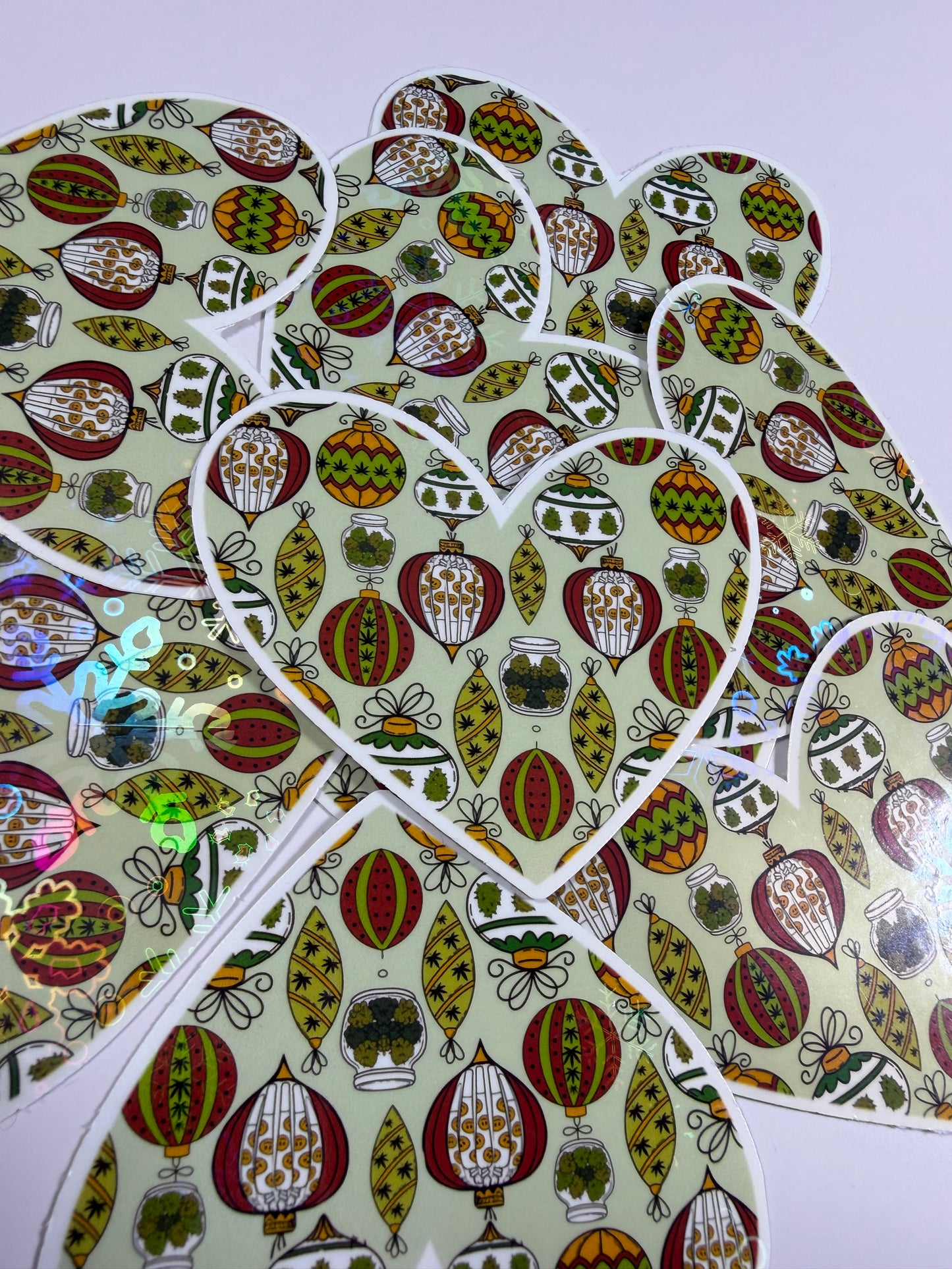 Christmas Cannabis Sticker,Cute Stoner Holographic Sticker, Stoner Waterproof Decal, Heart Ornament