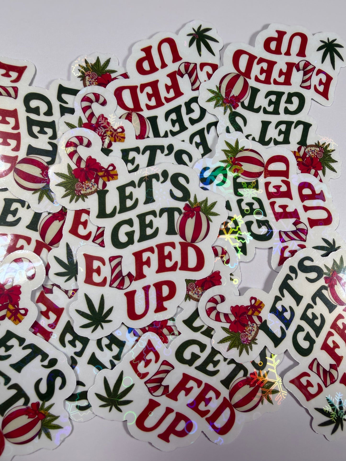 Cannabis Holiday Sticker, Lets Get Elfed Up Funny Stoner Decal, Stoner Stickers for Christmas