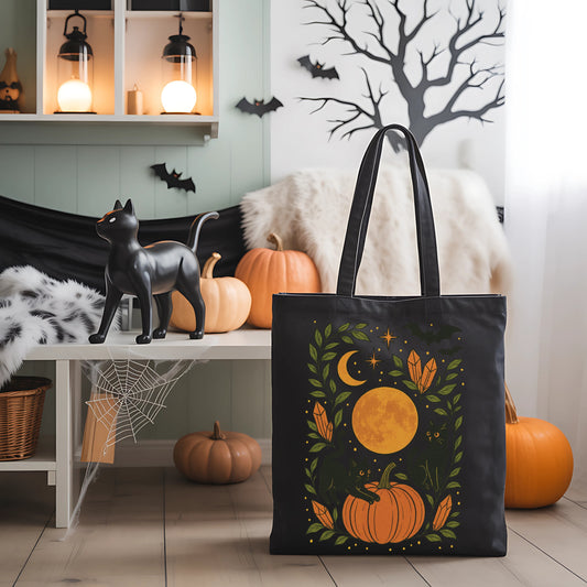 Cute Black Cats Halloween Tote - Cute Halloween cat  Bag- Cats and Pumpkin Tote - Cats and moons
