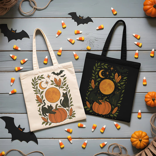 Cute Black Cats Halloween Tote - Cute Halloween cat  Bag- Cats and Pumpkin Tote - Cats and moons