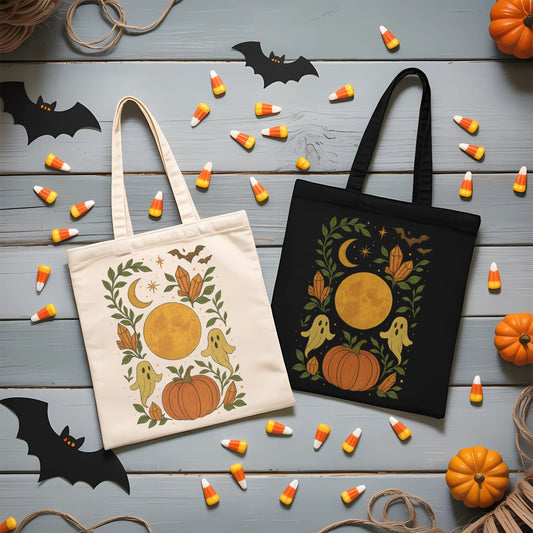 Cute Ghost Halloween Tote - Cute Halloween Ghost Bag- Ghosts and Pumpkins Tote