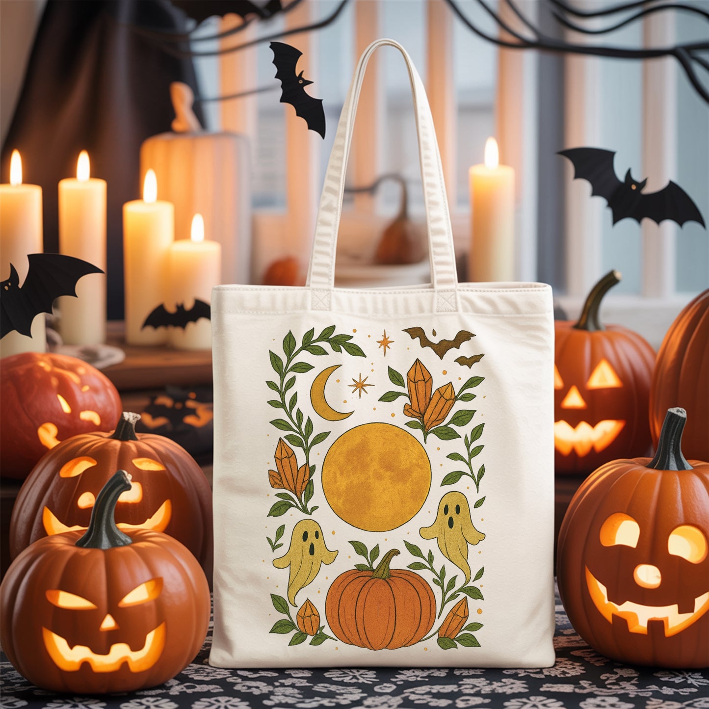 Cute Ghost Halloween Tote - Cute Halloween Ghost Bag- Ghosts and Pumpkins Tote