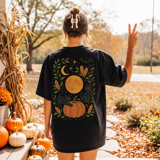 Halloween Short Sleeve Comfort Colors Tee Shirt - Black Cats and Pumpkin Spooky Shirt - cozy fall graphic tee
