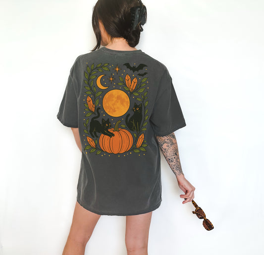 Halloween Short Sleeve Comfort Colors Tee Shirt - Black Cats and Pumpkin Spooky Shirt - cozy fall graphic tee