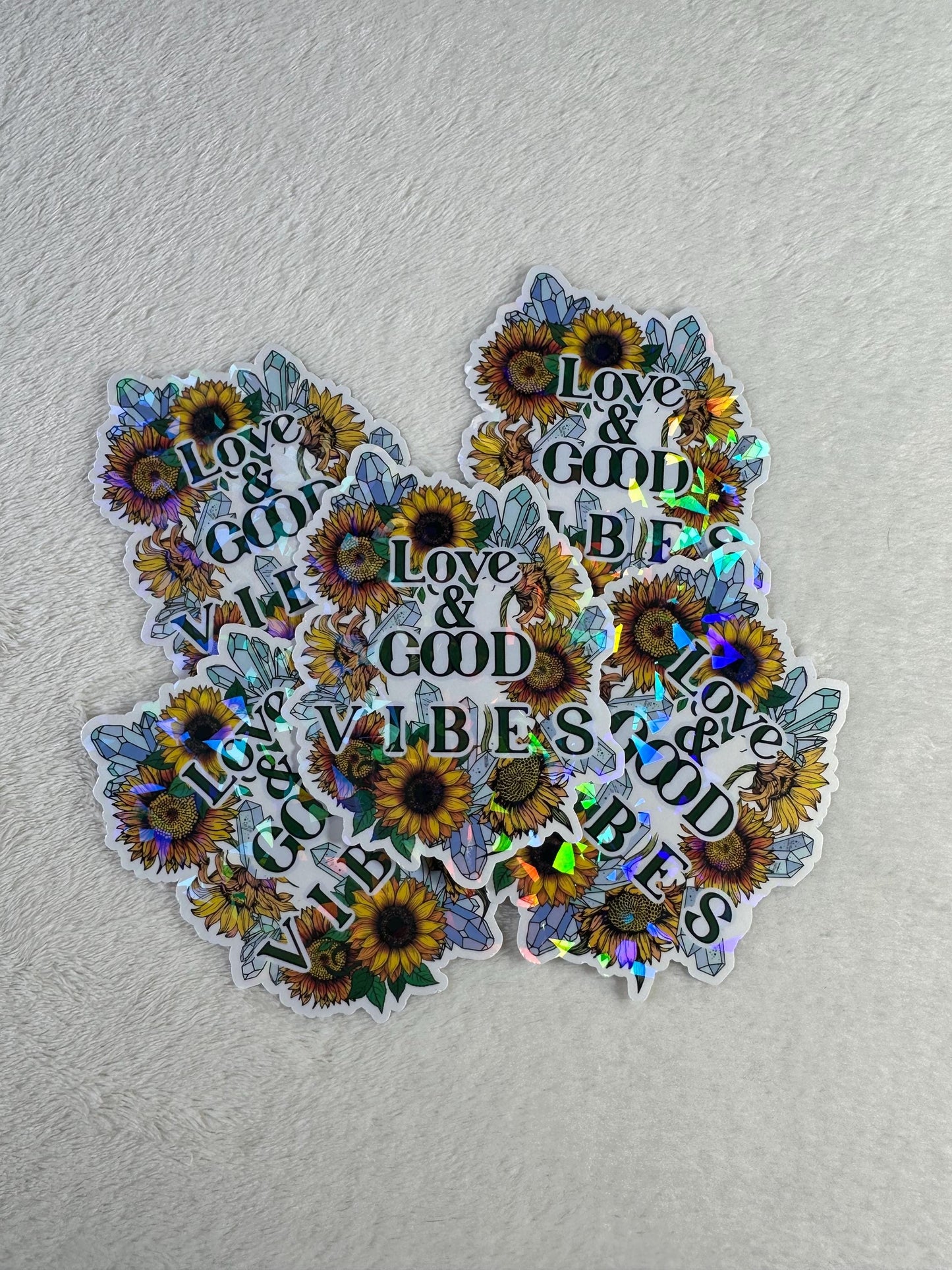 Love and Good Vibes Holographic Sticker, Sunflower Crystal Vinyl Sticker, Positive Quote Waterproof Decal for Laptop, Water Bottle, Journal