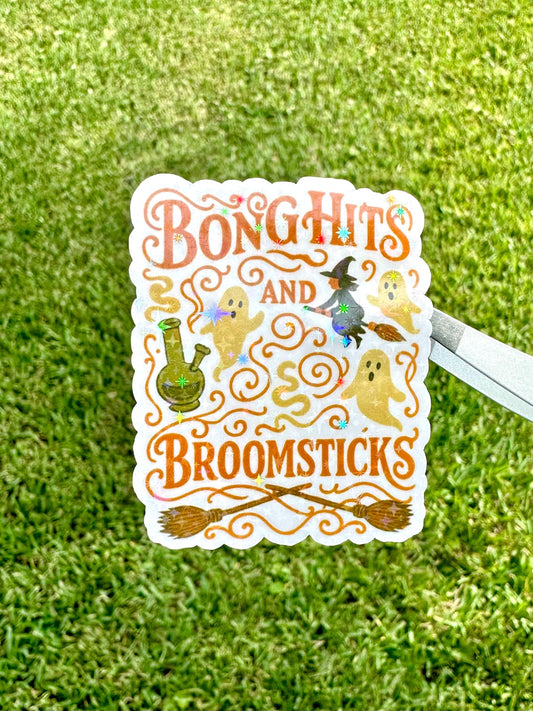 Bong hits and Broomsticks sticke • Holographic Halloween Witch Ghost, Weed Sticker • Funny Witchy Stoner , Gothic Spooky Season Vinyl Decal