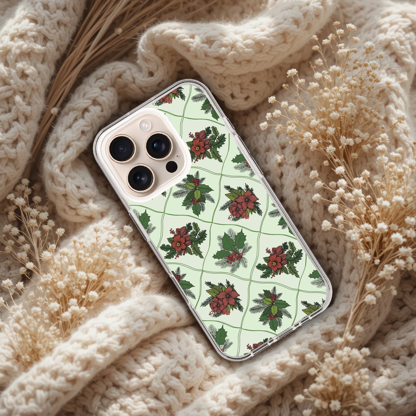 Poinsettia pattern Christmas Clear Case for iPhone, Christmas Vintage Phone Cover, Xmas Pattern IPhone 17 Case, Old Fashioned IPhone 15 pro