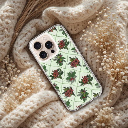 Poinsettia pattern Christmas Clear Case for iPhone, Christmas Vintage Phone Cover, Xmas Pattern IPhone 17 Case, Old Fashioned IPhone 15 pro