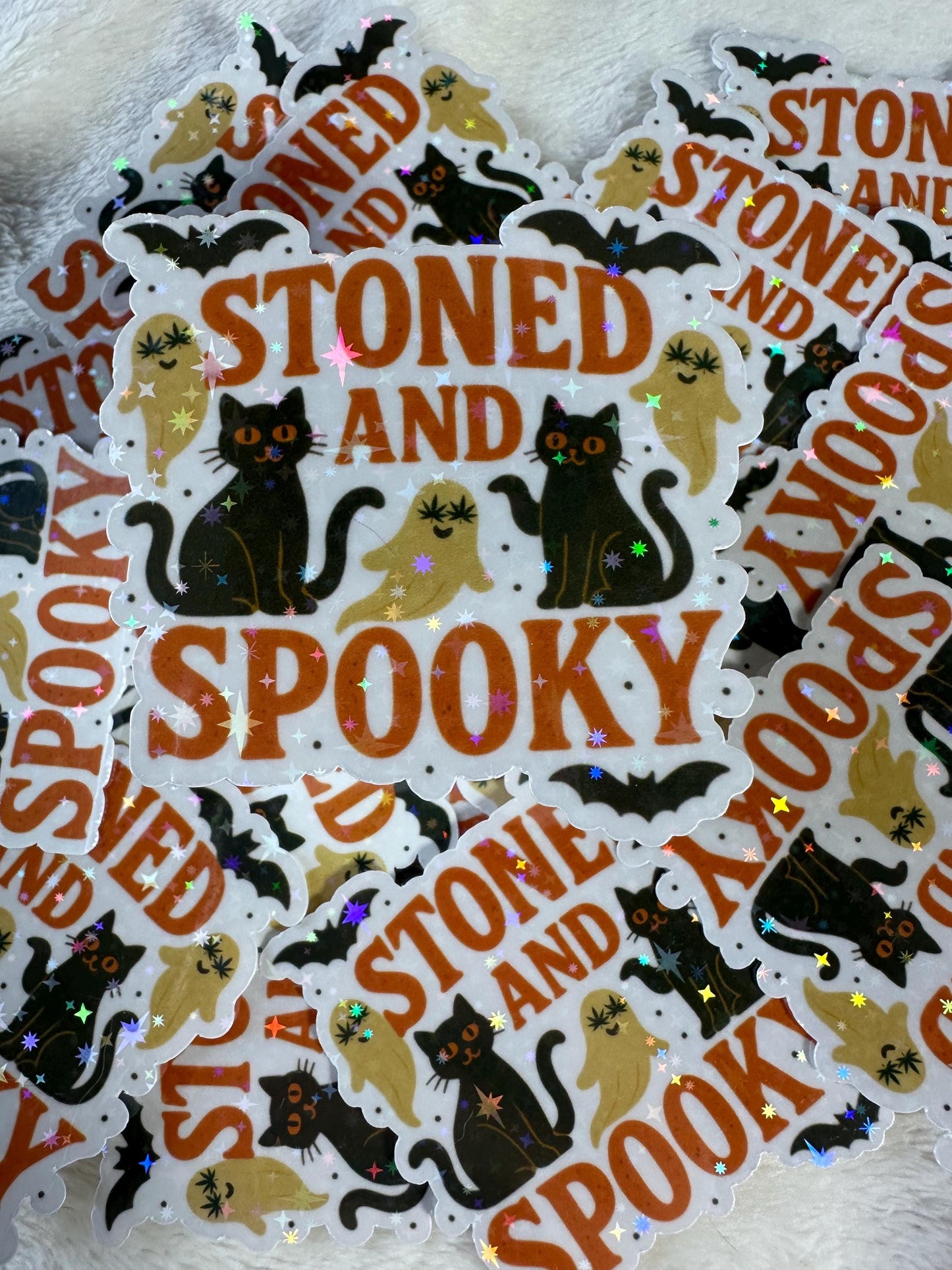 Stoned and Spooky Sticker • Holographic Halloween Cat Ghost Bat Weed Sticker • Funny Witchy Stoner Sticker, Gothic Spooky Season Vinyl Decal