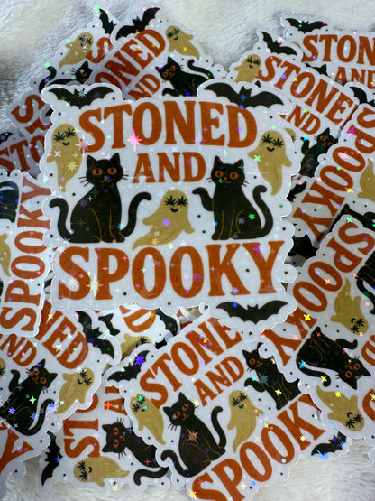 Stoned and Spooky Sticker • Holographic Halloween Cat Ghost Bat Weed Sticker • Funny Witchy Stoner Sticker, Gothic Spooky Season Vinyl Decal