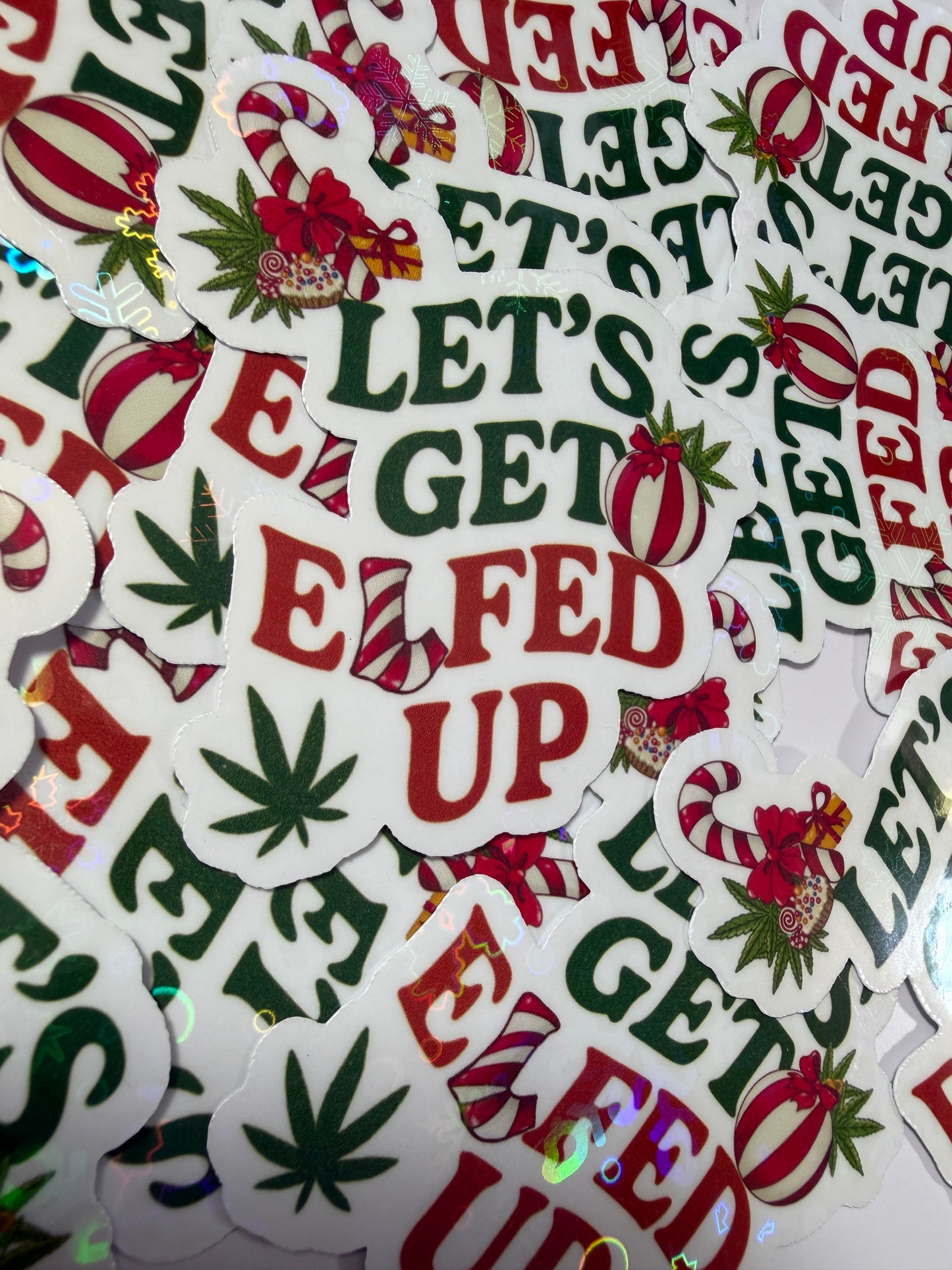 Cannabis Holiday Sticker, Lets Get Elfed Up Funny Stoner Decal, Stoner Stickers for Christmas