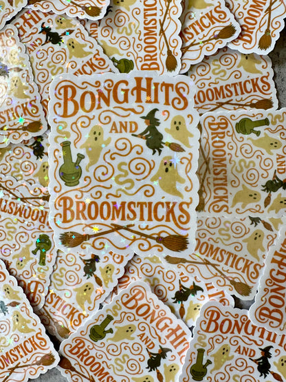 Bong hits and Broomsticks sticke • Holographic Halloween Witch Ghost, Weed Sticker • Funny Witchy Stoner , Gothic Spooky Season Vinyl Decal