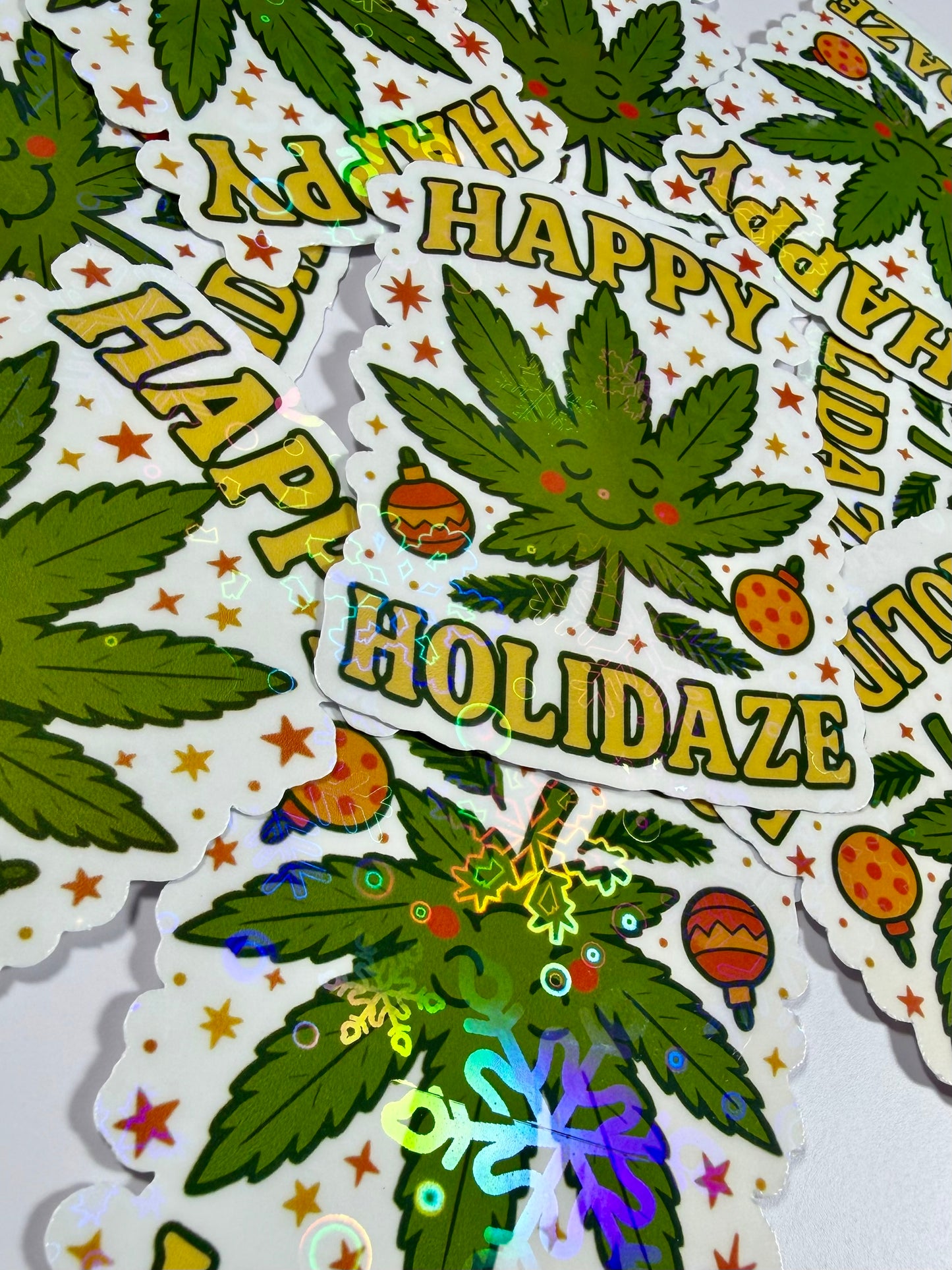 Happy Holidaze Sticker, Funny Stoner Holographic Sticker, Waterproof Decal