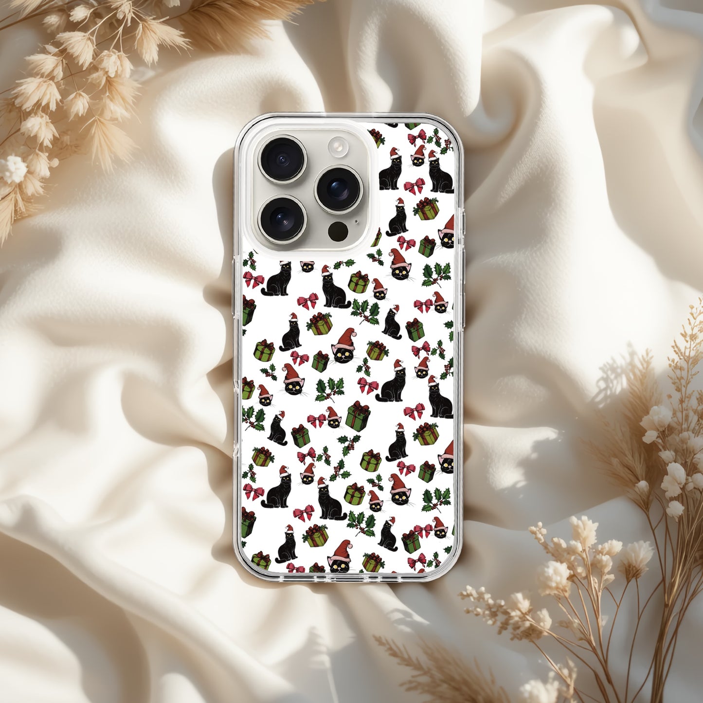 Christmas Cat Clear Case for iPhone, Holiday Santa Cat Phone Case, IPhone 16, 17 pro max