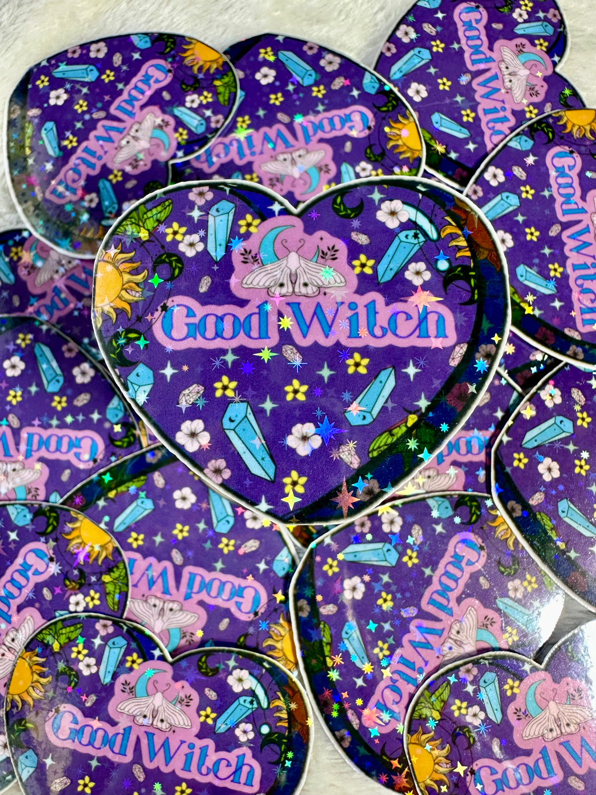 Good Witch Cottage Core Sticker - Holographic Heart Shaped Cute Witchy Decal -