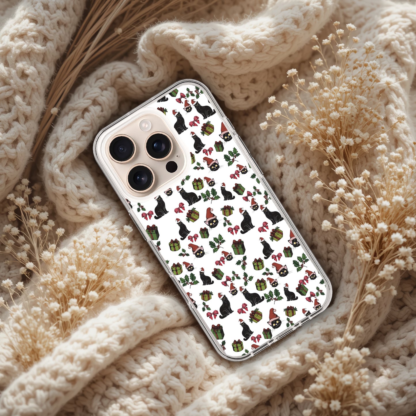 Christmas Cat Clear Case for iPhone, Holiday Santa Cat Phone Case, IPhone 16, 17 pro max