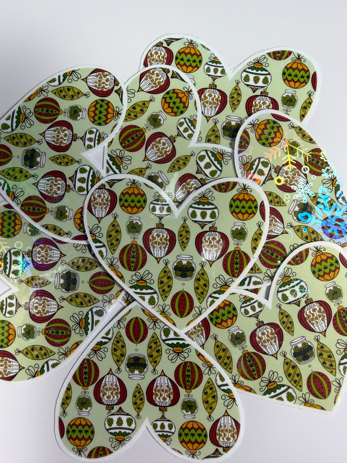 Christmas Cannabis Sticker,Cute Stoner Holographic Sticker, Stoner Waterproof Decal, Heart Ornament