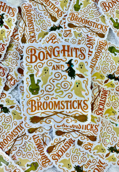 Bong hits and Broomsticks sticke • Holographic Halloween Witch Ghost, Weed Sticker • Funny Witchy Stoner , Gothic Spooky Season Vinyl Decal