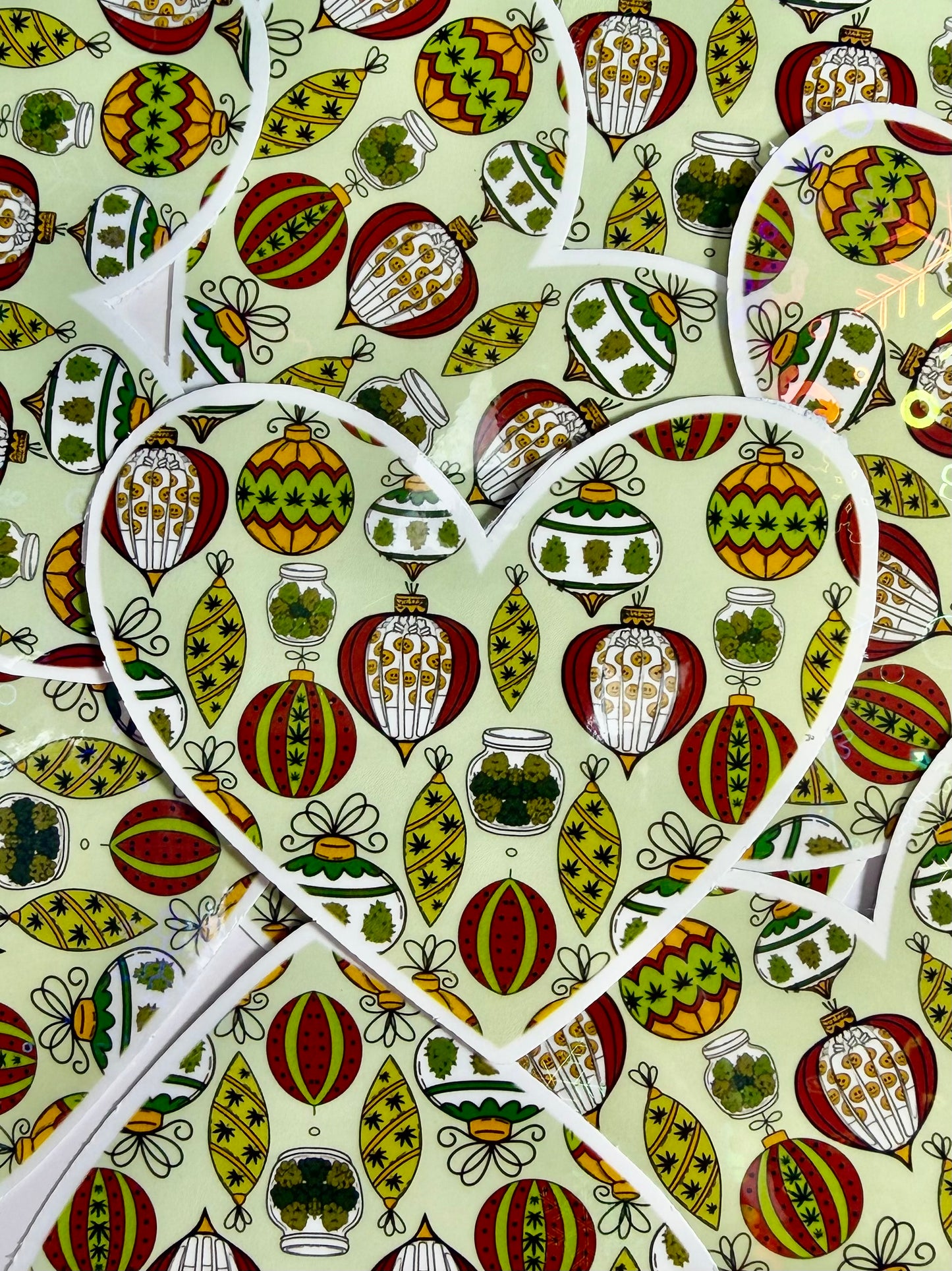 Christmas Cannabis Sticker,Cute Stoner Holographic Sticker, Stoner Waterproof Decal, Heart Ornament