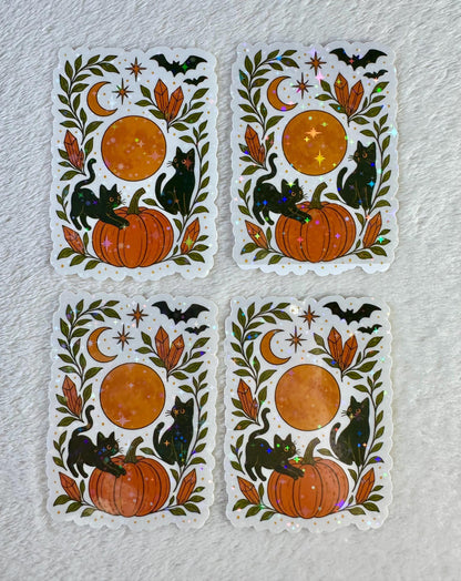 Black Cat Pumpkin Sticker – Halloween Autumn Moon Holographic Vinyl Decal, Witchy Fall Spooky Season Sticker - Magical Halloween Cat