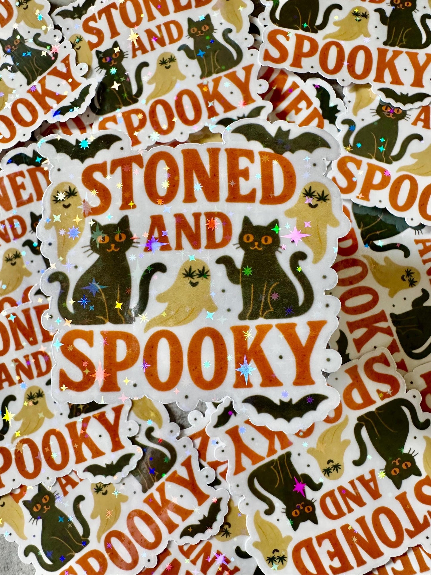 Stoned and Spooky Sticker • Holographic Halloween Cat Ghost Bat Weed Sticker • Funny Witchy Stoner Sticker, Gothic Spooky Season Vinyl Decal