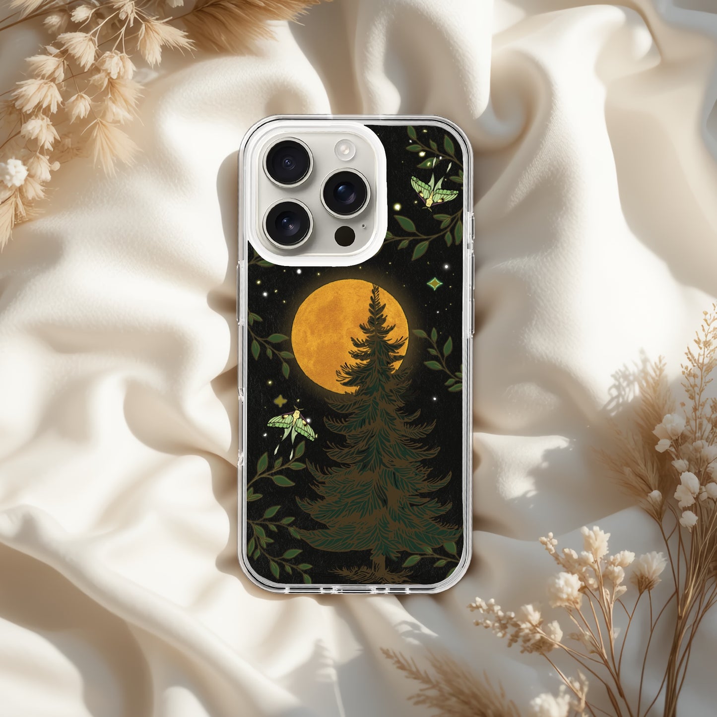 Midnight Forest Iphone Case, Luna Moth Clear Case, Vintage Christmas Phone Clear Case, Full Moon, boho  Moth Phone Cover, mystic moths
