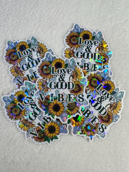 Love and Good Vibes Holographic Sticker, Sunflower Crystal Vinyl Sticker, Positive Quote Waterproof Decal for Laptop, Water Bottle, Journal