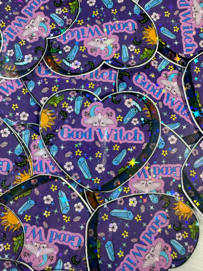 Good Witch Cottage Core Sticker - Holographic Heart Shaped Cute Witchy Decal -