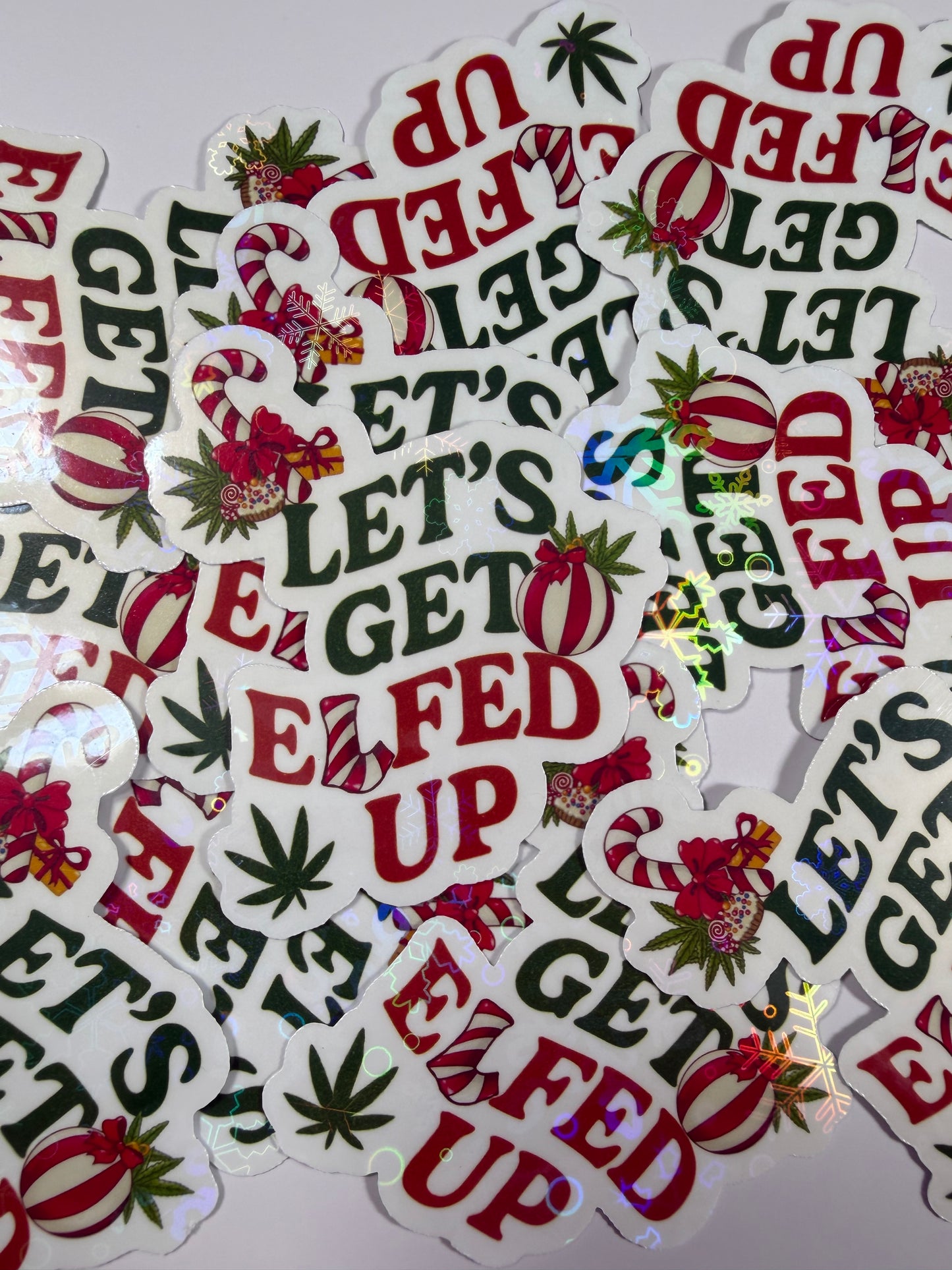 Cannabis Holiday Sticker, Lets Get Elfed Up Funny Stoner Decal, Stoner Stickers for Christmas