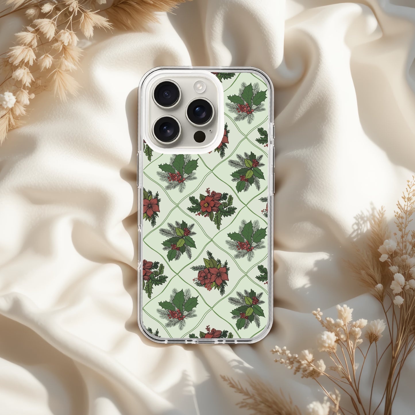 Poinsettia pattern Christmas Clear Case for iPhone, Christmas Vintage Phone Cover, Xmas Pattern IPhone 17 Case, Old Fashioned IPhone 15 pro