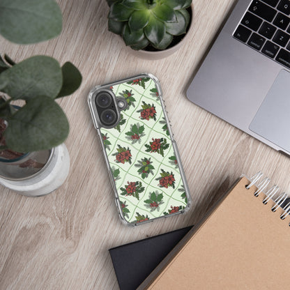 Poinsettia pattern Christmas Clear Case for iPhone, Christmas Vintage Phone Cover, Xmas Pattern IPhone 17 Case, Old Fashioned IPhone 15 pro