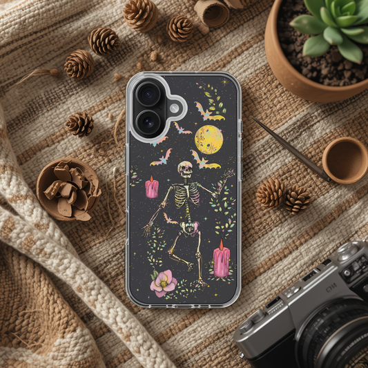 Stoner moon dancing skeleton clear iPhone case with moon, bats and pink candles 