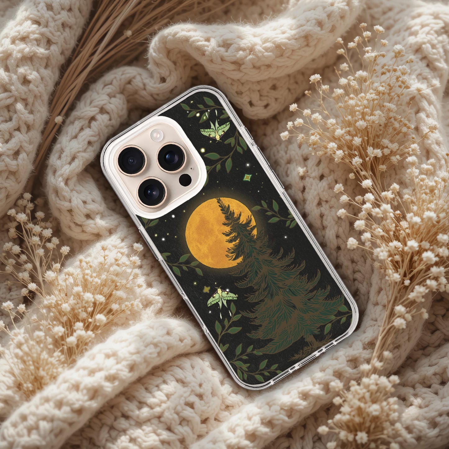 Midnight Forest Iphone Case, Luna Moth Clear Case, Vintage Christmas Phone Clear Case, Full Moon, boho  Moth Phone Cover, mystic moths
