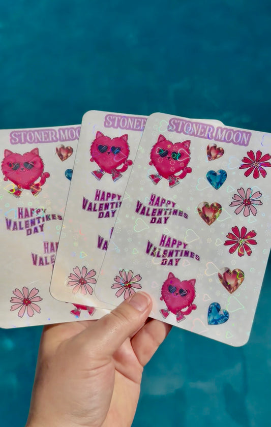 Holographic Valentines Sticker Sheet, Cats and Flowers Decal sheets, Funky Waterproof Valentines stickers, Cute Cat Vday Stickers