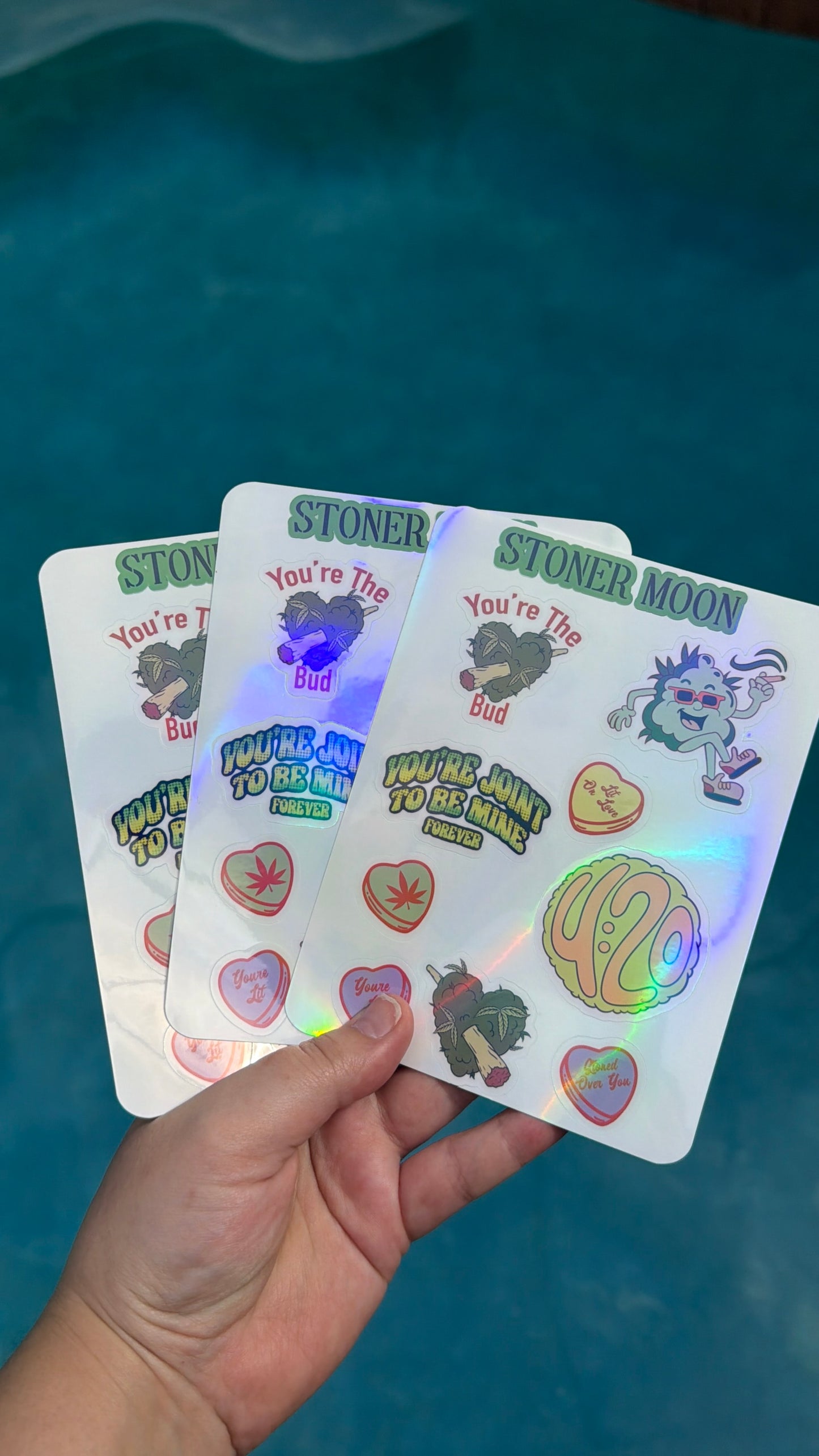 Holographic Valentines Stoner Sticker Sheet, 420 Decal sheets, Funky Waterproof 420 Sticker Sheets, love, Vday Stoner Gifts, Hearts