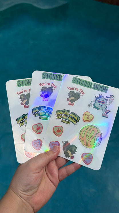 Holographic Valentines Stoner Sticker Sheet, 420 Decal sheets, Funky Waterproof 420 Sticker Sheets, love, Vday Stoner Gifts, Hearts