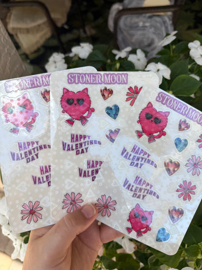 Holographic Valentines Sticker Sheet, Cats and Flowers Decal sheets, Funky Waterproof Valentines stickers, Cute Cat Vday Stickers