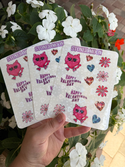 Holographic Valentines Sticker Sheet, Cats and Flowers Decal sheets, Funky Waterproof Valentines stickers, Cute Cat Vday Stickers